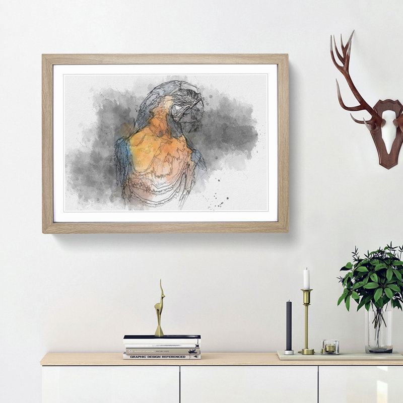 Blue and Yellow Macaw Parrot in Abstract - Picture Frame Drawing Print, 27cm H x 36cm W x 2cm D, Oak Framed