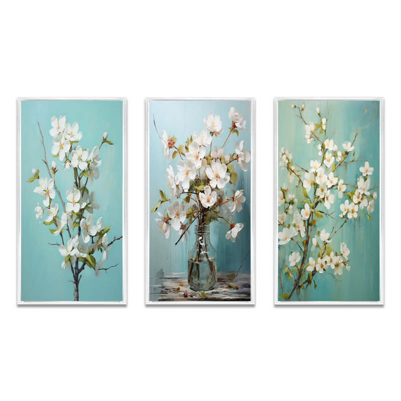 Pommier en fleurs élégance monochrome XXI - ensemble de 3 pièces d'art floral, Cadre blanc, H 40 po x l 60 po