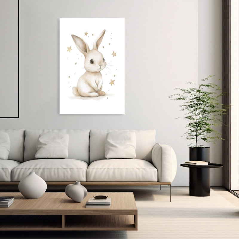 Cute Bunny Stars Dreamy Abstract Contemporary Rabbit Forest Landscape Wall Art Print by Mathieu - Wrapped Canvas Print