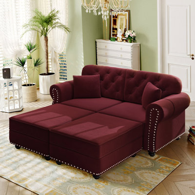 Canapé Mid-Century moderne en velours rembourré de 63 po avec garniture cloutée et causeuse Chesterfield moderne capitonnée avec 2 coussins et 2 repose-pieds