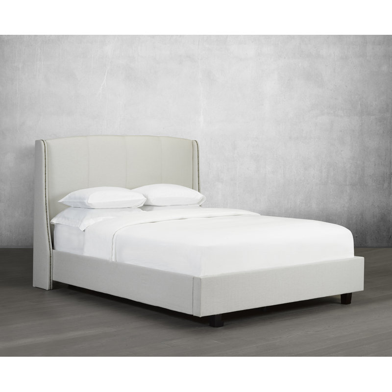 Lit plateforme tapissier Stotler, Lin - Blanc cassé, Grand