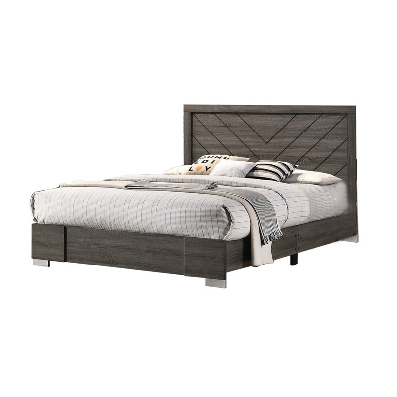 Grand lit moderne gris, tête de lit contemporaine au design épuré, mobilier de chambre à coucher, sommier non requis, lignes classiques uniques incluses