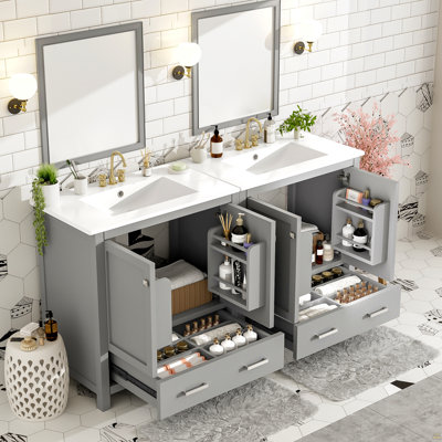 Ensemble de meuble-lavabo gris 60 po avec double meuble-lavabo (séparé), double lavabo en céramique, tablette de rangement et tiroirs séparés (miroir non inclus) - Solution de salle de bain moderne pour salles de bain spacieuses