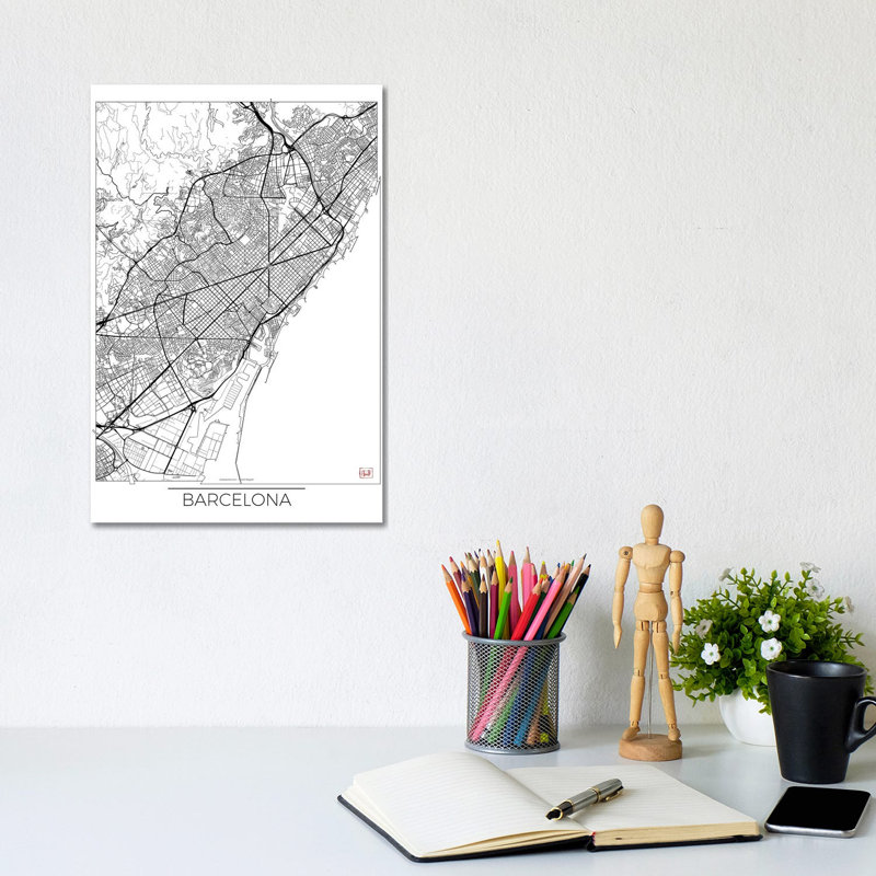 Barcelona Minimal Urban Blueprint Map by Hubert Roguski - Wrapped Canvas Print, 20.32 cm H x 30.48 cm W