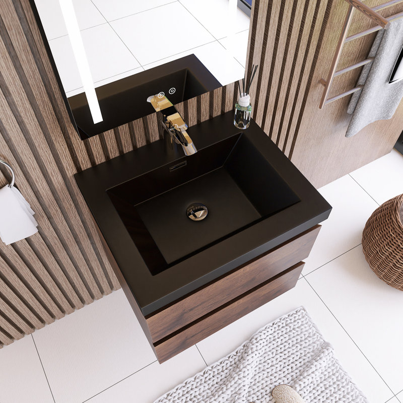 Meuble-lavabo simple 23,62 po avec plateau en résine Luhe, Brun foncé