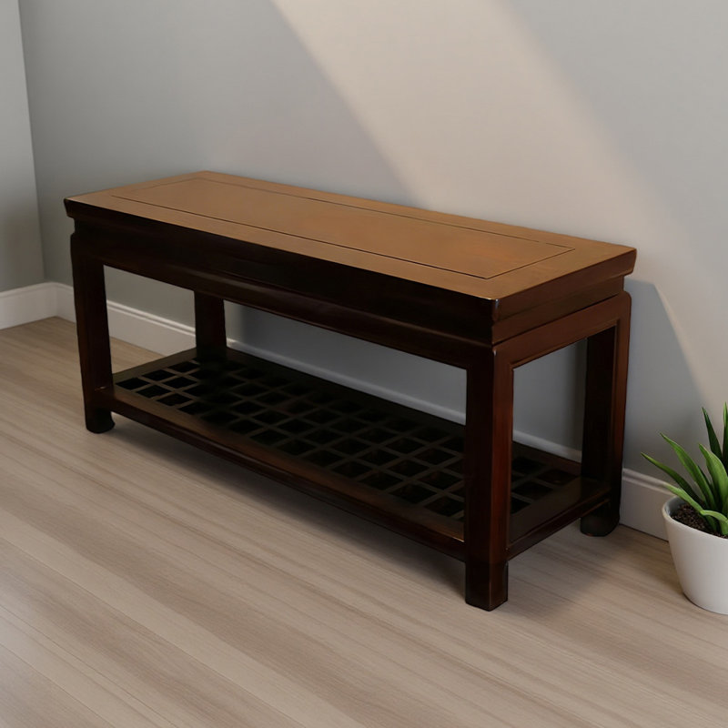 Nouveau banc de rangement en bois d'orme de style chinois pour le salon et l'entrée, Brun / Noir