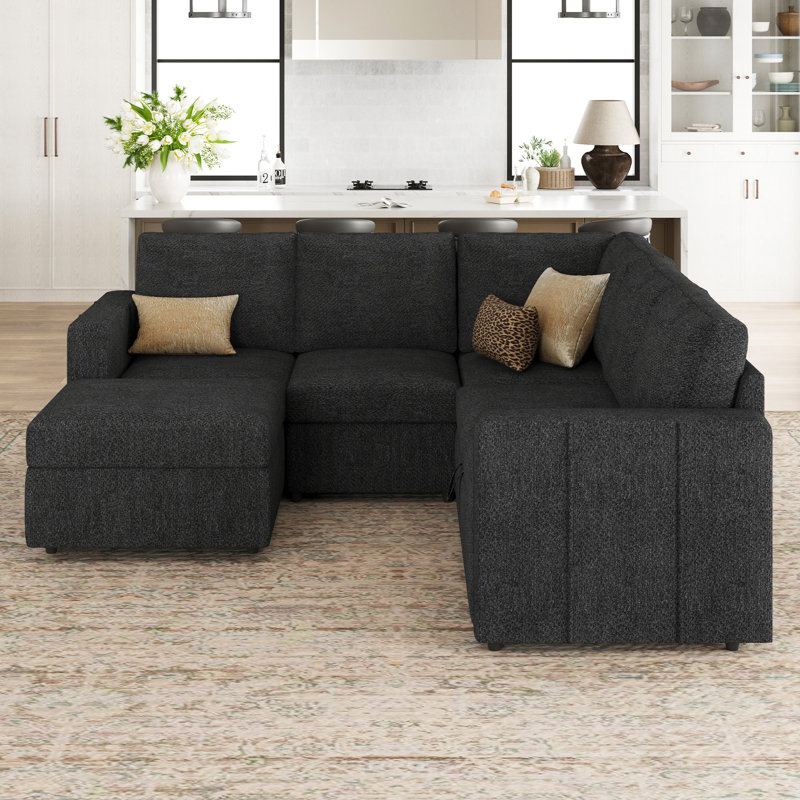 Rafael Velvet Chenille U-Shaped Modular Sleeper Sectional with Storage Ottoman, Dark Gray Chenille