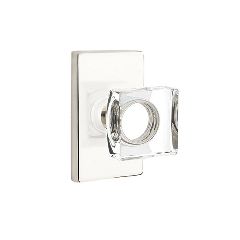 Ensemble de faux boutons Emtek avec rosette rectangulaire moderne et bouton carré en verre moderne, Nickel poli - à vie