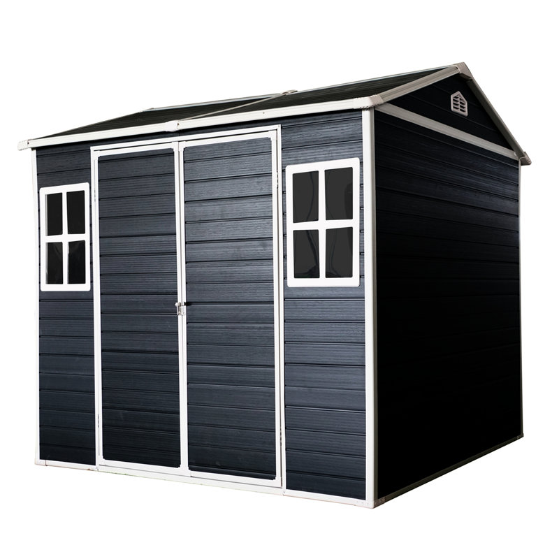 Remise de rangement extérieure en résine, imperméable avec plancher et porte verrouillable, 2 fenêtres de jardin, plancher de patio, fenêtres, porte