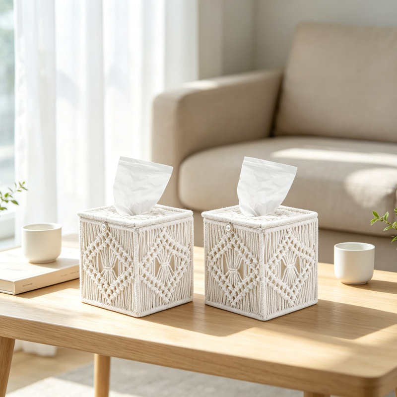 Boîte à mouchoirs en macramé avec fond ouvert, porte-mouchoirs en corde de coton tissé à la main pour boîtes carrées, organisateur de style bohème pour chambre, salle de bain, salon, bureau, ensemble de deux