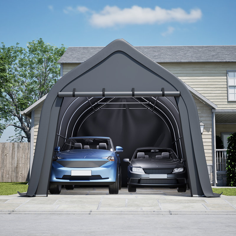 Portable Instant Garage 13X20 FT, Enclosed Carport With Extra-High Density Cover & Steel Frame, Roll-Up Door, All-Weather Protection For Truck, Boat, RV, Silver Gray