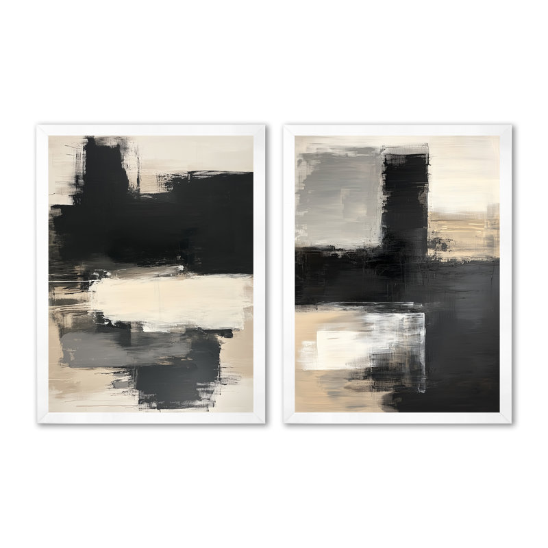 Art abstrait tonal au fusain V - Minimalisme abstrait en deux parties encadrées, 32" H x 48" W, White Picture Framed