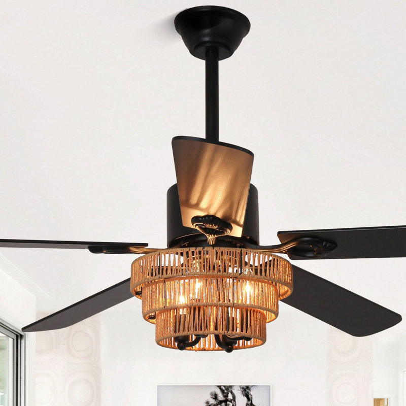 Ventilateur de plafond 52 pouces lustre noir avec lumière et télécommande Boho