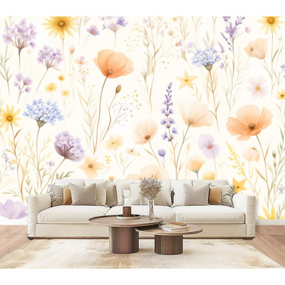 Papier peint à peler et coller fleurs murales délicates fleurs pastel jaune, rose, mauve, blanches, papier peint amovible en PVC, H 100 po x l 144 po, pour fond de canapé de chambre à coucher