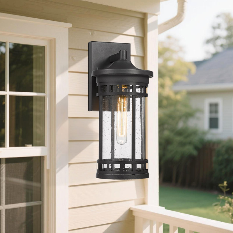 Outdoor Wall Lantern With Seeded Glass ,Waterproof Exterior Lighting Fixture, Anti-Rust Lamp Light For Patio Yard House Hallway Doorway Garage (Black,14.93 Inch Height)