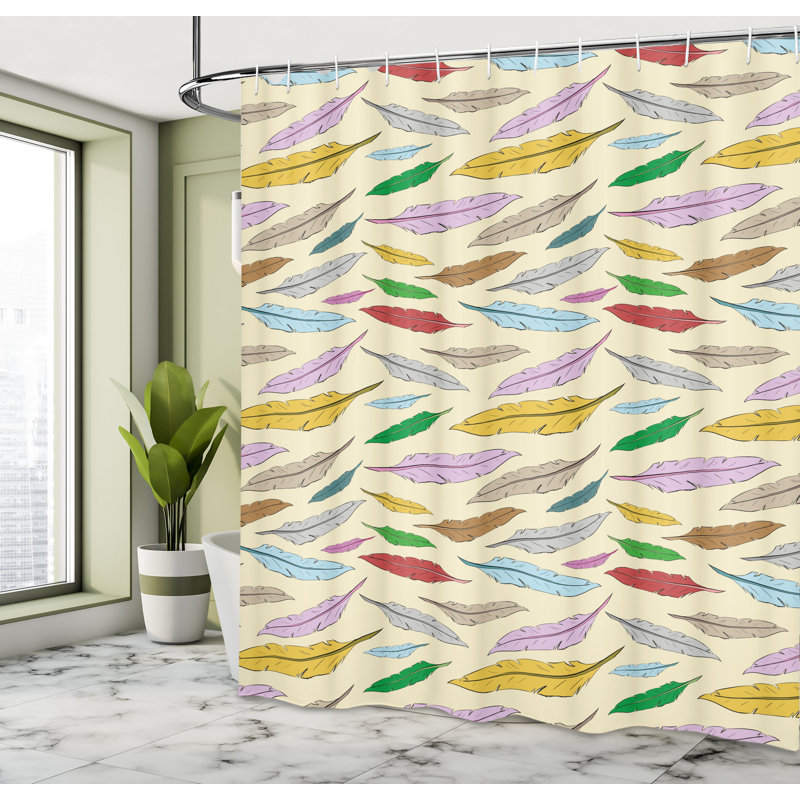 East Urban Home Retro Shower Curtain Bohemian Feathers Pattern Eggshell and Multicolor, 84" H x 69" W