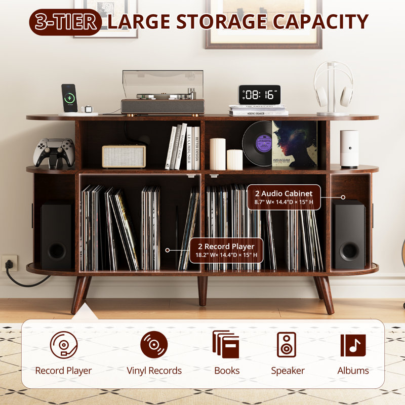 55.1"w Mid-century Modern Record Player Stand With Charging Station, Fluted Panel Record Storage Cabinet With Open Shelves & Hidden Storage