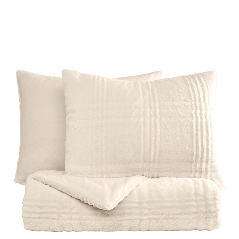 Brooklyn Loom Carved Faux Fur, Queen Comforter + 2 Queen Shams, Ivory