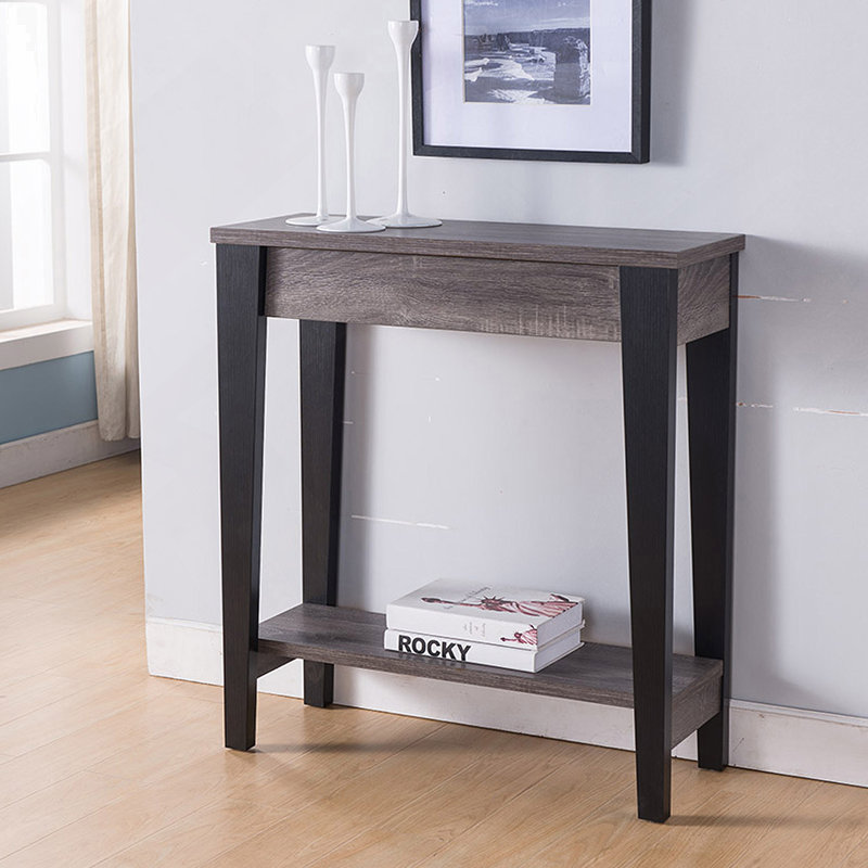 Console, présentoir avec tiroir et tablette inférieure en gris et noir patinés