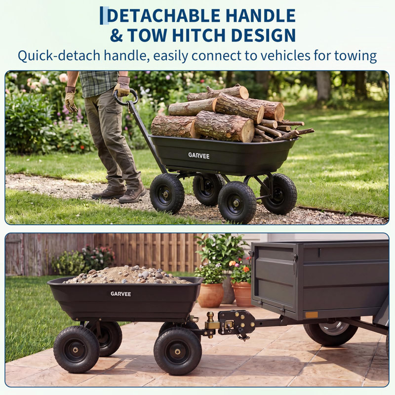 1200 lb Heavy-Duty Garden Dump Cart Wagon - 4-Wheel Poly Yard Utility Cart, Quick-Release Dump - Pneumatic Tires, Steel Frame - Black, Metal Hub + Rubber Pneumatic Tire