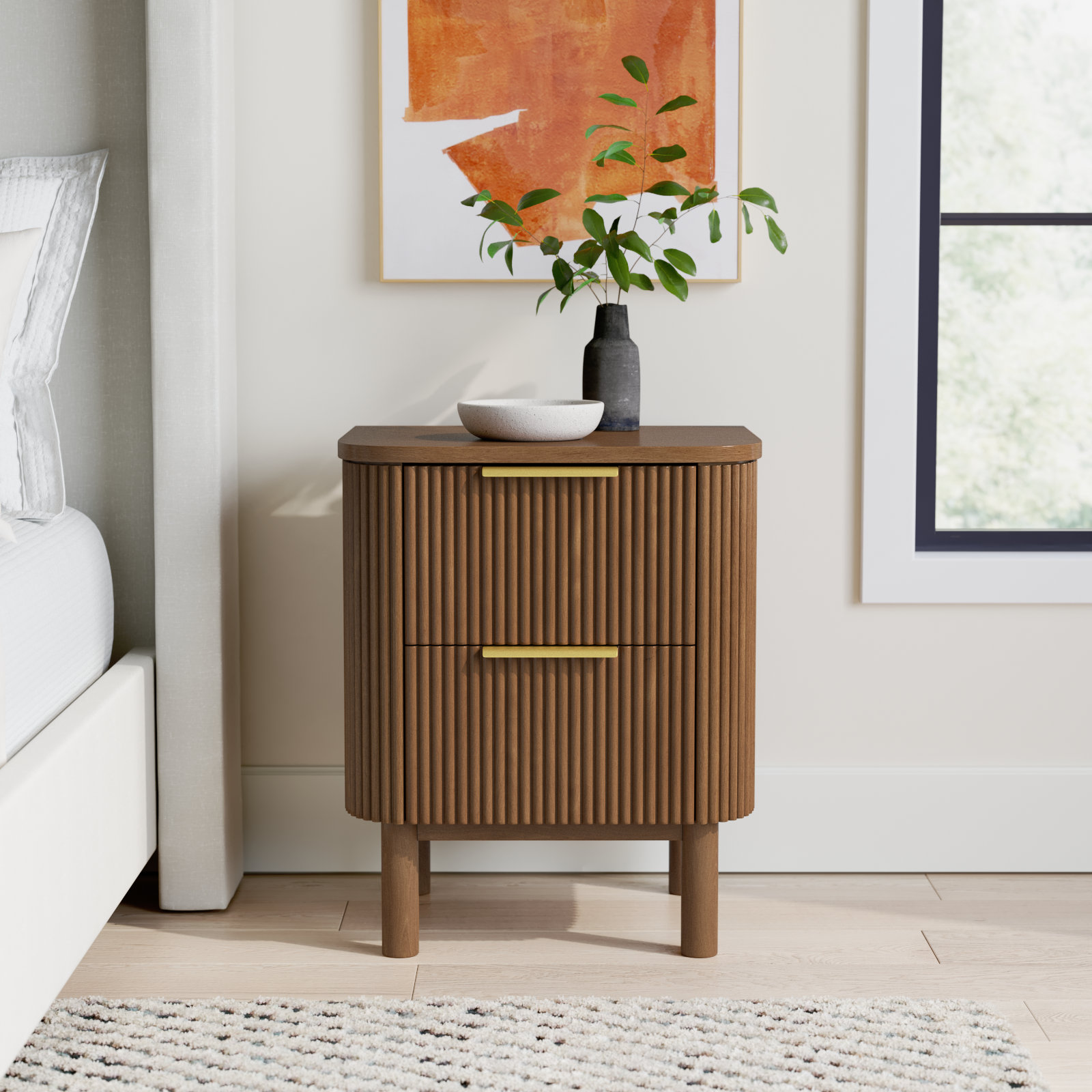 Nova Reeded 2-Drawer Nightstand, Brown Reeded Birch