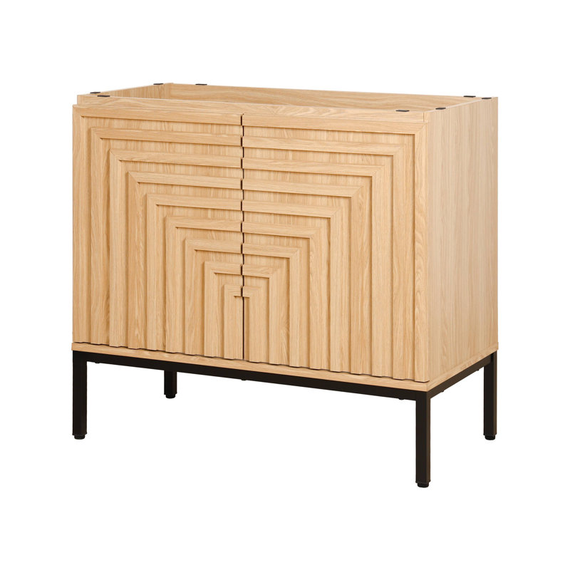 Armoire de meuble-lavabo moderne à 2 tablettes géométriques l 36 po x P 18 po x H 33 po Rowan (lavabo non inclus), Chêne