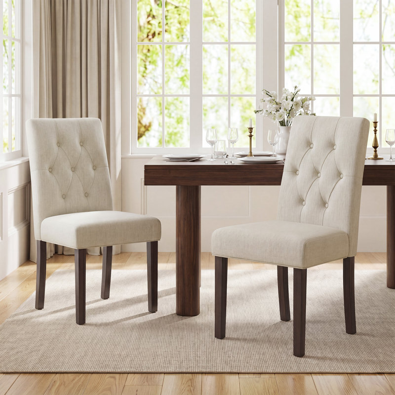 Parsons Tufted Dining Chairs, Diamond Button High Back Fabric Cushion, Solid Rubberwood Legs, Beige