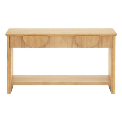 [Video]55" Fluted Console Table, Semi‑Circular Drawers With Vertical Strip Decor, Solid Wood Tabletop, Soft‑Closing, Bottom Display Shelf, Multi‑Use Entryway/Living Room/Office, Natural Wood Color