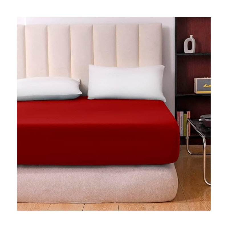 Parizoda Plain Fitted Sheet Extra Deep Pocket 30Cm , Elastic Pocket Breathable, Super King (6'), Red