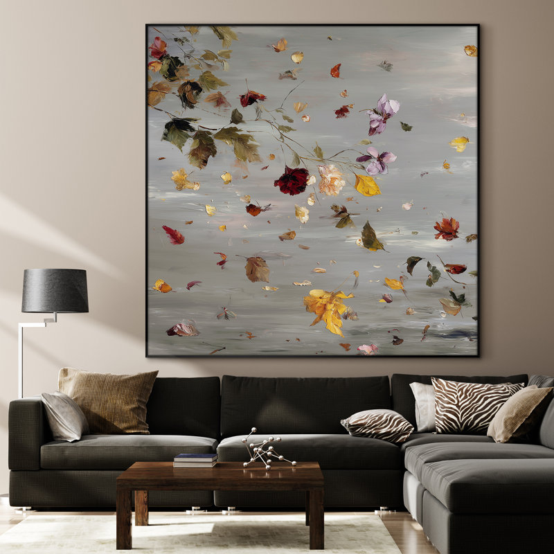 Très grand art mural imprimé - Branche florale flottante avec des pétales dispersés sur fond gris doux «pour le salon ou la chambre à coucher -« Assemblage requis du cadre (cadre non fini) »