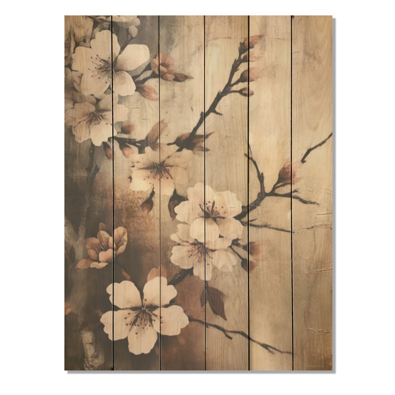 «Cherry Blossoms Brown Dark Solitude», art mural en bois de cerisier sur bois de pin naturel, H 20 po x l 10 po