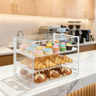 Vitrine de boulangerie, vitrine à pâtisserie commerciale à 3 niveaux, boîte à pain en acrylique transparent pour la cuisine, armoire à gâteaux de fête avec porte rabattable pour beignet à dessert, 13 po x 10,2 po x 10,2 po