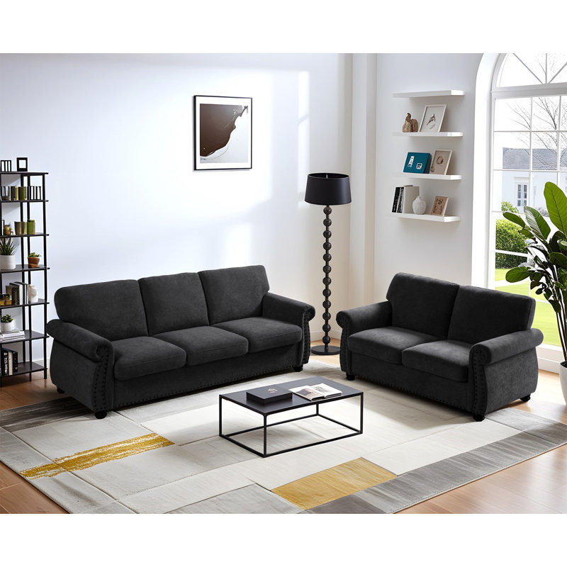 Upholstery rolled arm 2 pieces living room set, Black