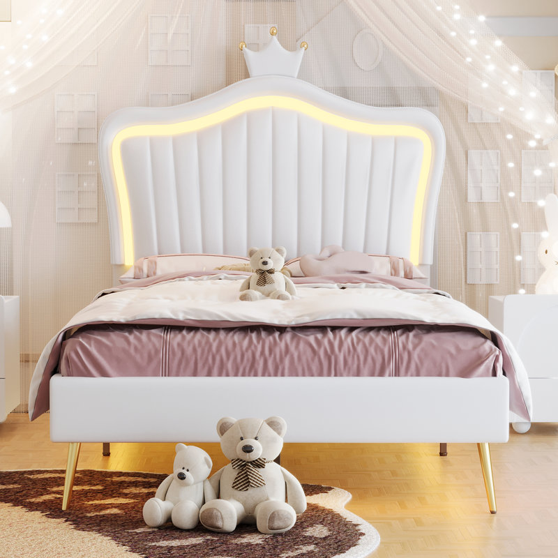 Lit princesse rembourré en polyuréthane avec lumières DEL, tête de lit réglable Crown Decor, Lit simple, Blanc