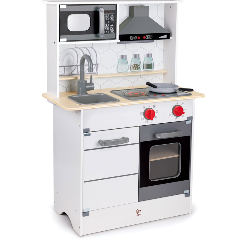 Hape: Ensemble de cuisine Super Serve - blanc - lumières et sons, station de cuisson complète en bois, micro-ondes, cuisinière, évier, accessoires, enfants de 3 ans et plus