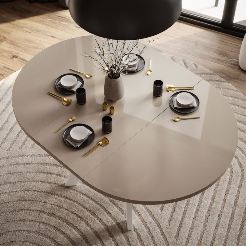 Extendable Round Metal Base Dining Table, White, Cashmere Gloss