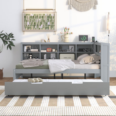 Emareon Wooden Space Saver Daybed with Trundle, USB Charger and 2 Storage Shelf by Wildon Home