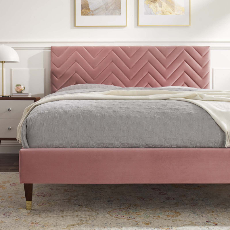 Modway Leah Chevron Tufted Performance Velvet Platform Bed, Pink, Twin