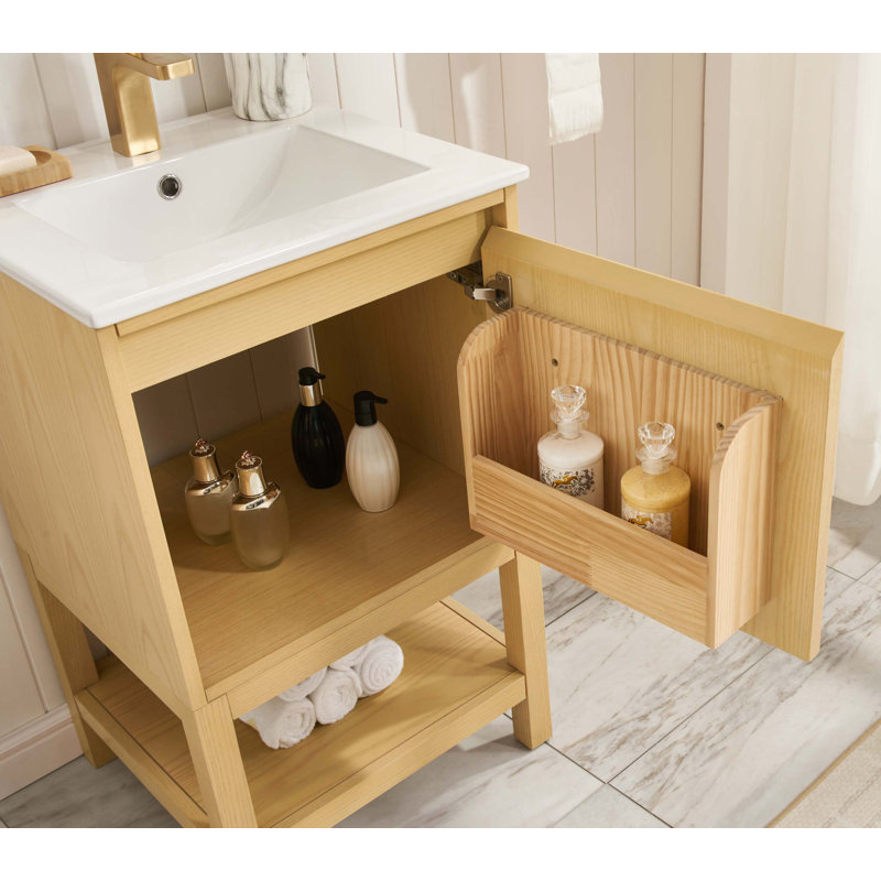 Meuble-lavabo en bois massif de 20 po avec tablette réglable, Naturel