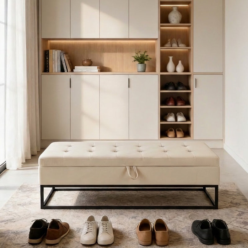 Maran Velvet Upholstered Storage Bench, Beige