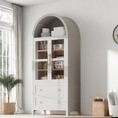 Tall Arched Kitchen Pantry Cabinet With 2 Large Drawers, Adjustable Shelves And Glass Door