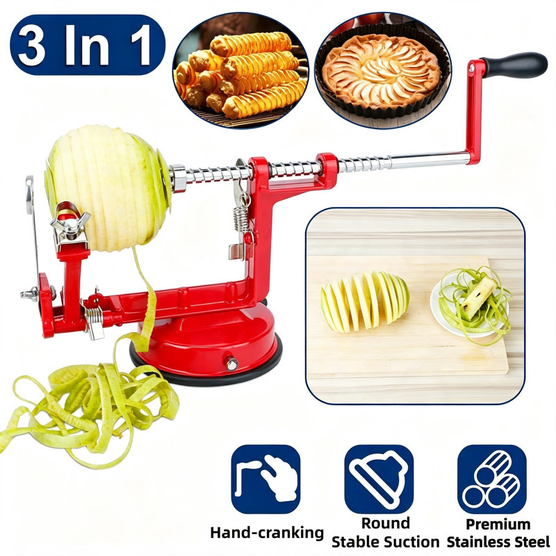 Éplucheur, trancheur et vide-pomme manuel 3 en 1 avec base à ventouse, corps en alliage de zinc et lames en acier inoxydable, outil de cuisine à manivelle pour éplucher, trancher et vider les fruits