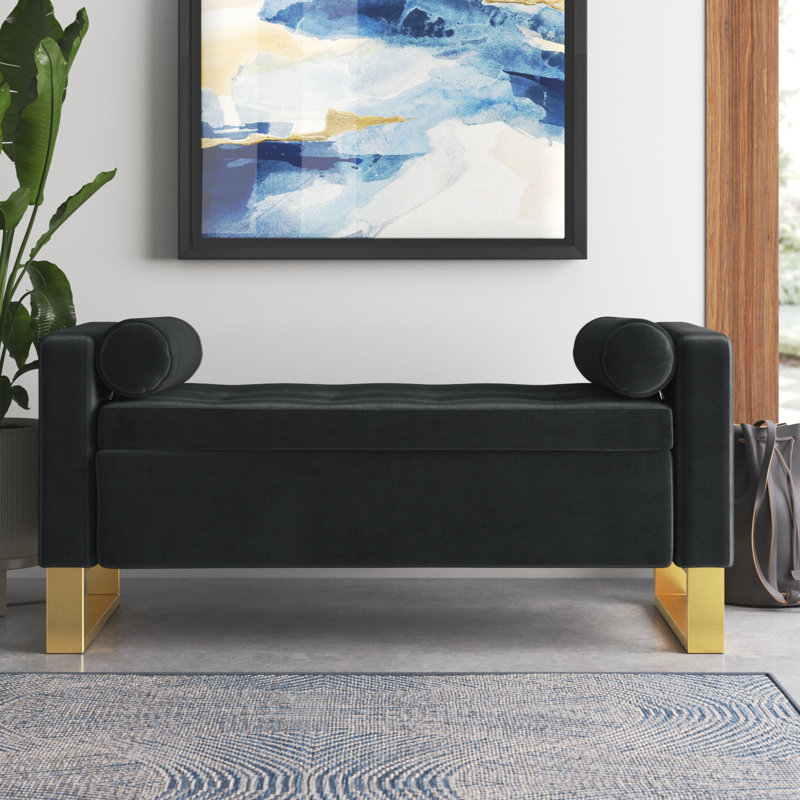 Vallejo 50.4'' W Modern Upholstered Flip Top Storage Bench with Two Pillows and Tufted, Black