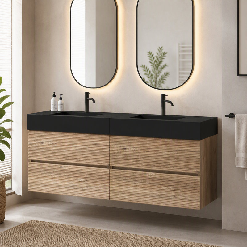 Meuble-lavabo suspendu Grace 60 po (30 po x 2) en chêne brut avec lavabo en surface solide noir mat et tiroirs à fermeture amortie, pour salle de bain moderne, sans bonde ni robinetterie, à monter soi-même