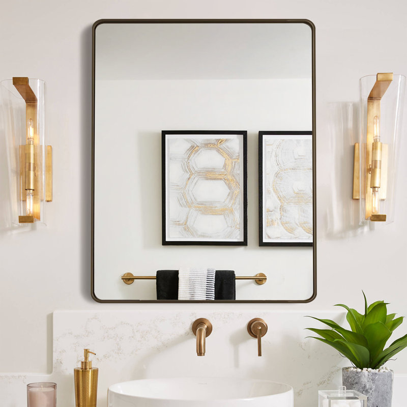 Miroir mural de salle de bain, verre trempé, coins arrondis et cadre antirouille, Rectangulaire, 30 po x 22 po