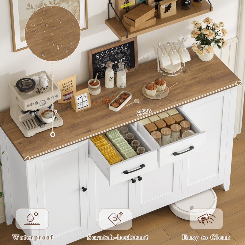 Buffet décoratif 4 portes avec 2 tiroirs, tablettes réglables, Blanc