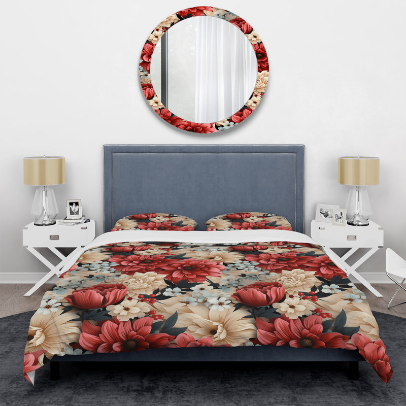 Ensemble de housse de couette Coral Gingham Charm Floral Pattern, Housse de couette pour grand lit et 2 taies décor