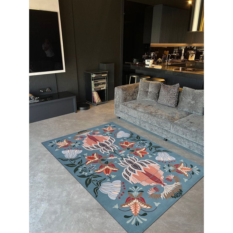 Tapis vert multicolore à motif botanique tissé vert, Rectangle 4 pi 11 po x 7 pi 6 po