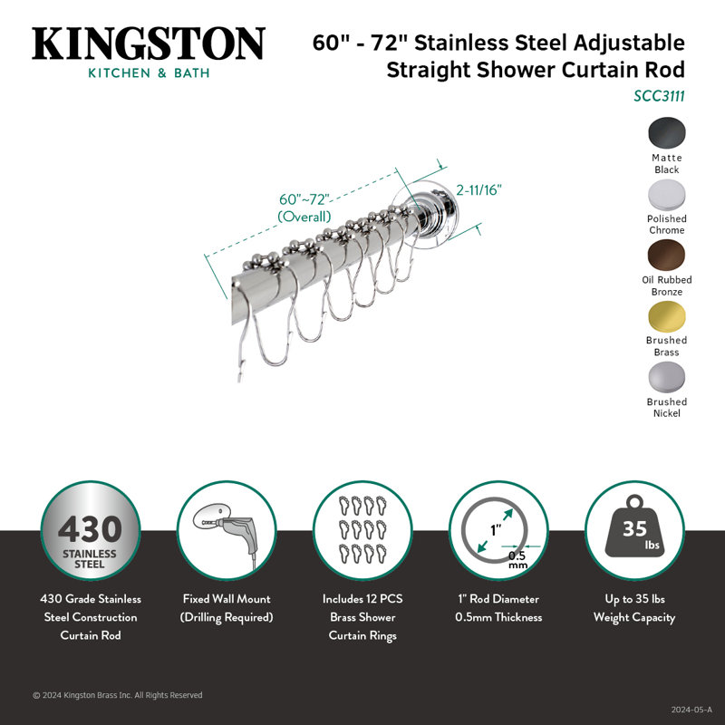 Kingston Brass Edenscape 60-Inch to 72-Inch Adjustable Shower Curtain Rod with Rings, Matte Black