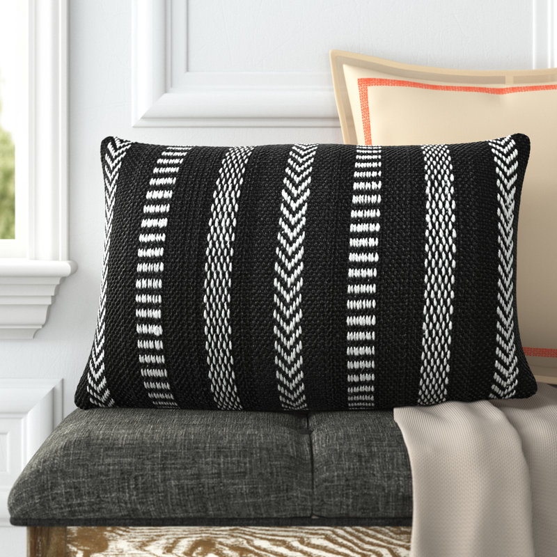 Positano Embroidered Lumbar Pillow Cover, Black/Ivory, Polyester/Polyfill